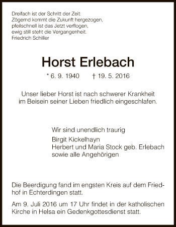 Todesanzeige von Horst Erlebach von HNA