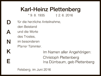 Todesanzeige von Karl-Heinz Plettenberg von HNA