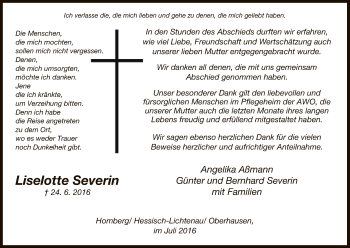 Todesanzeige von Liselotte Severin von HNA