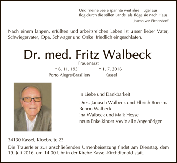 Todesanzeige von Fritz Walbeck von HNA