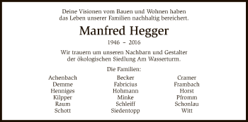 Todesanzeige von Manfred Hegger von HNA