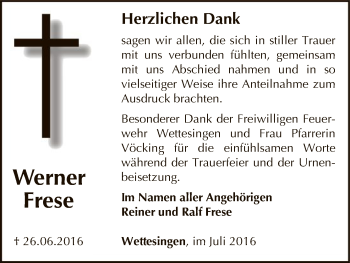 Todesanzeige von Werner Frese von HNA