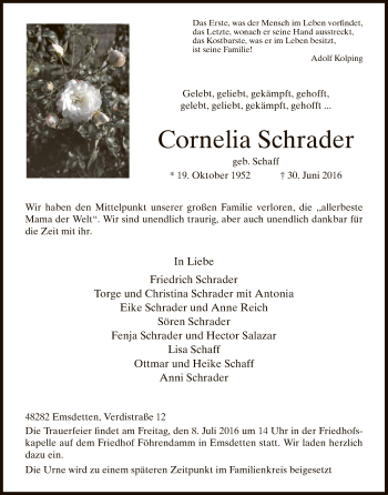 Todesanzeige von Cornelia Schrader von HNA