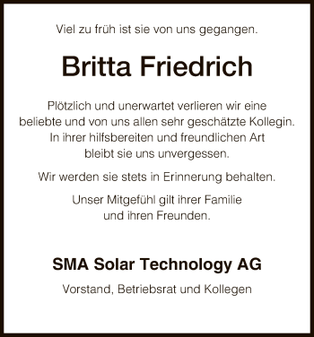Todesanzeige von Britta Friedrich von HNA