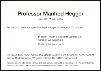Todesanzeige von Manfred Hegger von HNA