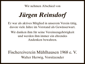 Todesanzeige von Jürgen Reinsdorf von HNA