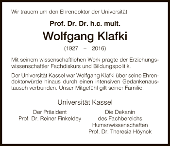 Todesanzeige von Wolfgang Klafki von HNA