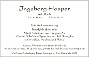 Todesanzeige von Ingeborg Hasper von HNA