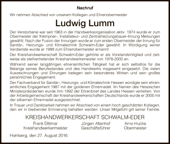 Todesanzeige von Ludwig Lumm von HNA