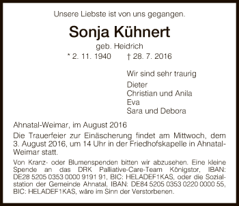 Todesanzeige von Sonja Kühnert von HNA