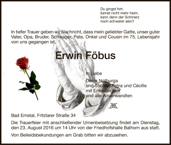Todesanzeige von Erwin Föbus von HNA