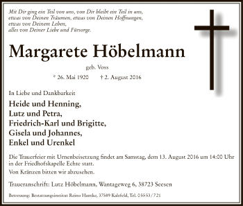 Todesanzeige von Margarete Höbelmann von HNA