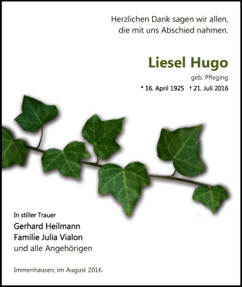 Todesanzeige von Liesel Hugo von HNA