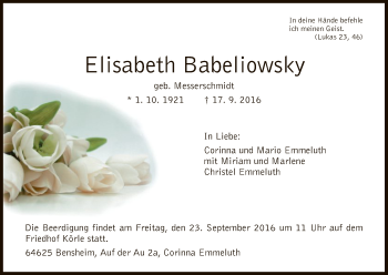 Todesanzeige von Elisabeth Babeliowsky von HNA