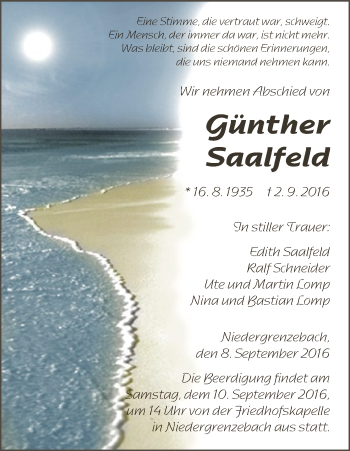 Todesanzeige von Günther Saalfeld von HNA