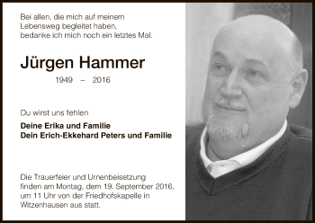 Todesanzeige von Jürgen Hammer von HNA