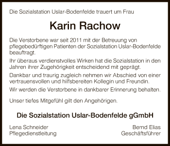 Todesanzeige von Karin Rachow von HNA