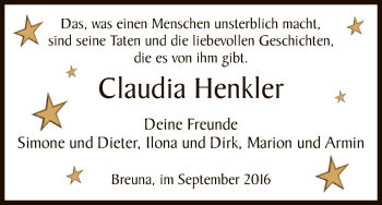 Todesanzeige von Claudia Henkler von HNA