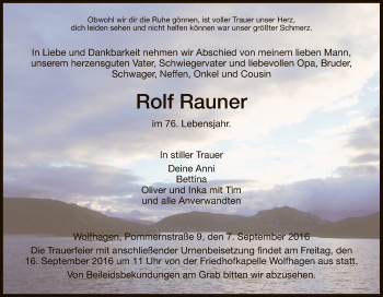 Todesanzeige von Rolf Rauner von HNA