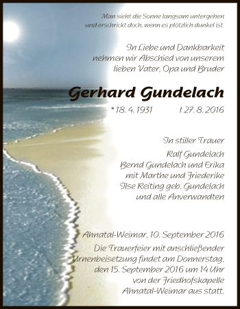 Todesanzeige von Gerhard Gundelach von HNA