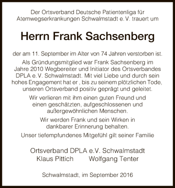 Todesanzeige von Frank Sachsenberg von HNA