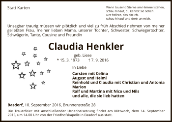 Todesanzeige von Claudia Henkler von HNA
