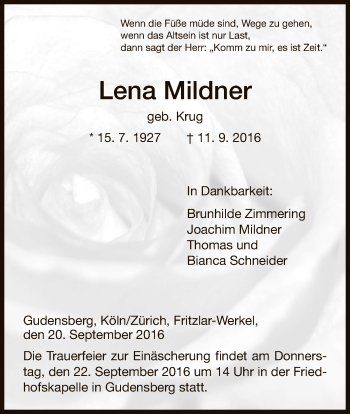 Todesanzeige von Lena Mildner von HNA