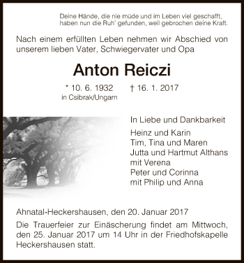 Todesanzeige von Anton Reiczi von HNA