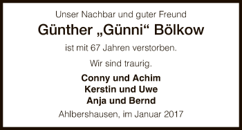 Todesanzeige von Günther Bölkow von HNA