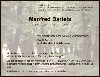 Todesanzeige von Manfred Bartels von HNA