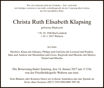 Todesanzeige von Christa Ruth Elisabeth Klapsing von HNA