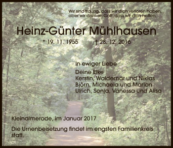 Todesanzeige von Heinz-Günter Mühlhausen von HNA