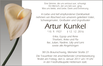 Todesanzeige von Artur Kunkel von HNA