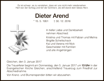 Todesanzeige von Dieter Arend von HNA