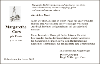 Todesanzeige von Margarethe Cors von HNA