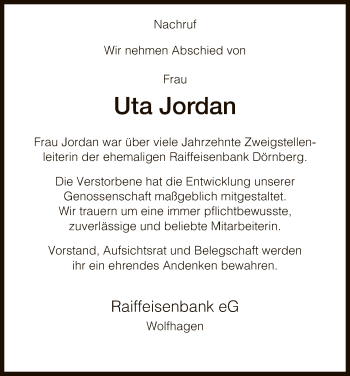 Todesanzeige von Uta Jordan von HNA