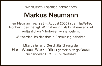 Todesanzeige von Markus Neumann von HNA