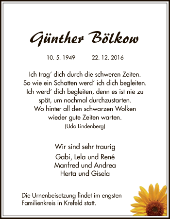 Todesanzeige von Günther Bölkow von HNA