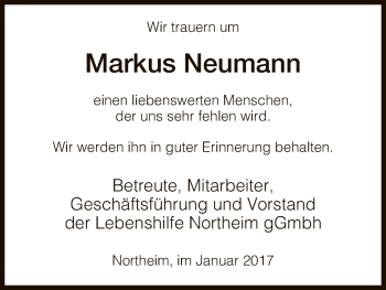 Todesanzeige von Markus Neumann von HNA