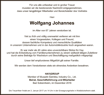 Todesanzeige von Wolfgang Johannes von HNA