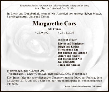 Todesanzeige von Margarethe Cors von HNA