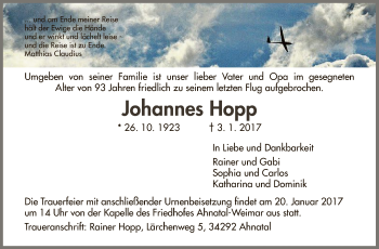 Todesanzeige von Johannes Hopp von HNA
