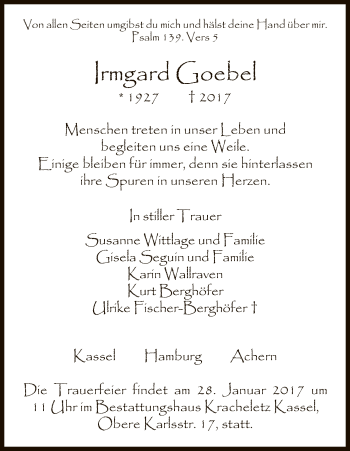 Todesanzeige von Irmgard Goebel von HNA