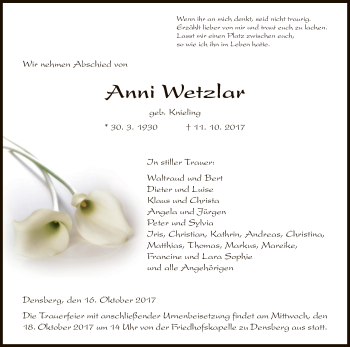 Todesanzeige von Anni Wetzlar von HNA