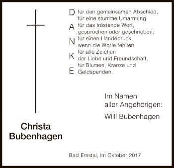 Todesanzeige von Christa Bubenhagen von HNA