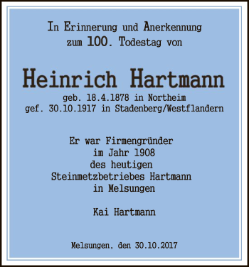 Todesanzeige von Heinrich Hartmann von HNA