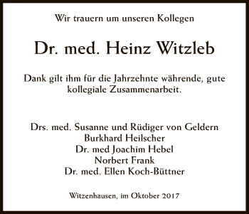 Todesanzeige von Heinz Witzleb von HNA