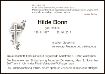 Todesanzeige von Hilde Bonn von HNA