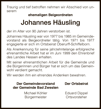 Todesanzeige von Johannes Häusling von HNA