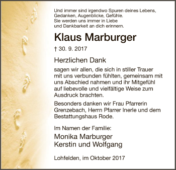Todesanzeige von Klaus Marburger von HNA